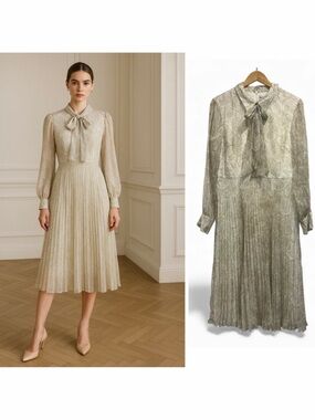 Mikael Aghal Tan Midi Dress Floral Pleated Chiffon 12 Wedding Guest Long Sleeve